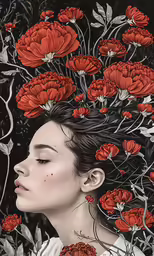 woman with flowers above her head and leaves on top