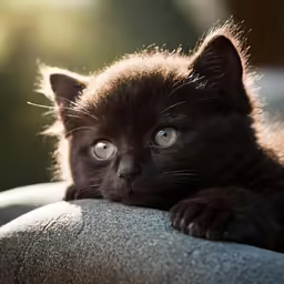a black kitten rests his head on the arm of someone