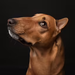 a dog looking up with a black background