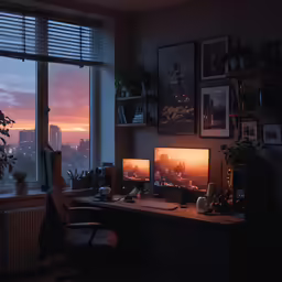 a home office with two computers and a picture on the wall