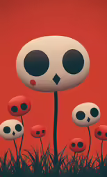 a group of skulls stand in front of some red flowers