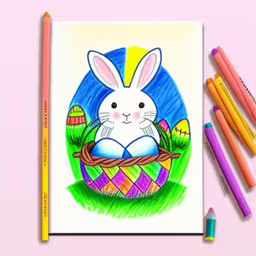 an easter bunny with a basket of painted eggs,a cartoon image of an easter bunny with a basket of eggs