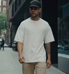 a man in a white shirt and khaki walks down a sidewalk