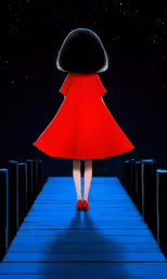 a woman in a red dress with an umbrella on a blue ramp