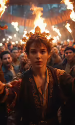 people standing in a circle with torches in the background