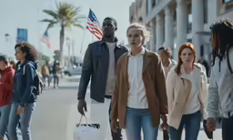 a group of people walking down the sidewalk