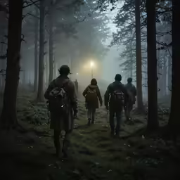 three hikers hiking through a dense pine forest with a light shining on them