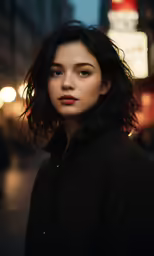 a woman is posing for a photo on the street