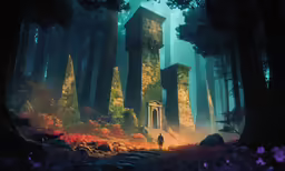 a lone figure is walking in a thick forest near a stone structure