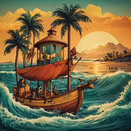 a painting of a boat on the ocean,a painting of an old boat sailing through the ocean with palm trees