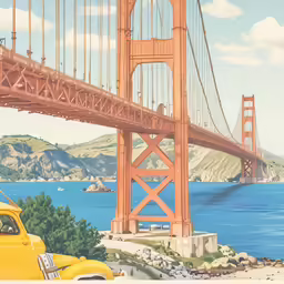 a yellow truck driving down a road next to a bridge