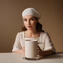 a woman sits at a table with a white cup
