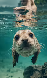 the face of a seal is underwater in a blue sea