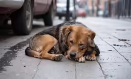 a brown and black dog laying on a sidewalk next to a car