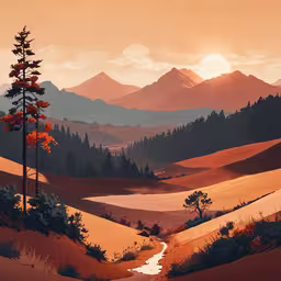 a painting of an expansive field with mountains,a landscape with mountains, trees and stream