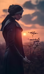 a young girl wearing a dress and holding her hand up with the sun setting in the background