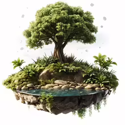 a tree on an island with rocks and water