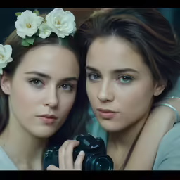 two girls taking pictures with a camera and flower wreath
