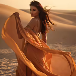 a woman is standing outside in an orange dress