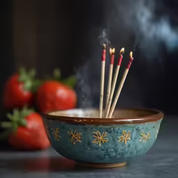 incense sticks on a blue bowl on a table