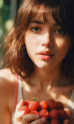 a girl is holding some raspberries in her hands