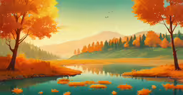 a painting of a small pond surrounded by trees,a beautiful scene with some colorful autumn trees and orange foliage
