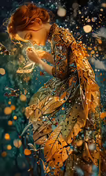 a woman with an insect dress standing under rain