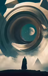 a man standing in front of an image of planets