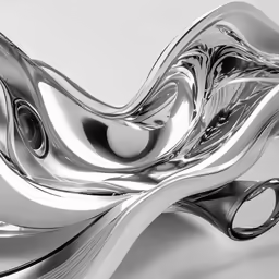 the sculpture in chrome sits on a white background