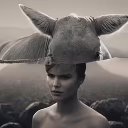 a woman with two horns on her head standing in a field
