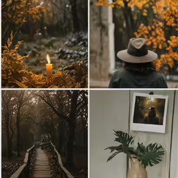four photos of a person in the woods, a person with a hat and a candle, an image of a wooded path and a woman in front