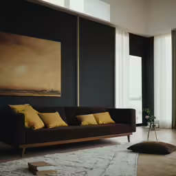 the living room is decorated with lots of black, brown and yellow furniture