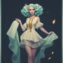 an animated woman dressed in pale green and gold clothing