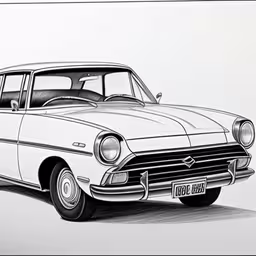 a car drawing in pencil on a white paper,the white car has been painted on paper