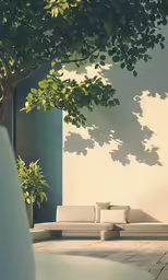 white couch with pillows and a green tree near a building