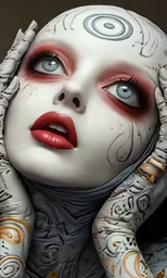 a woman wearing skeleton tattoos and red eye makeup