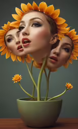 a close up of three women face to face, and with three sunflowers