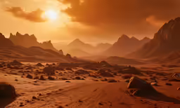 a sunset on a desert area with mountains and rocks