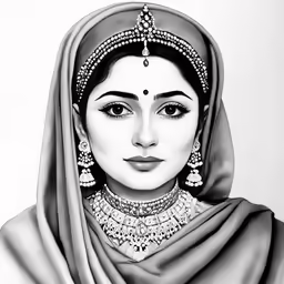 a black and white photo of a woman wearing a head piece