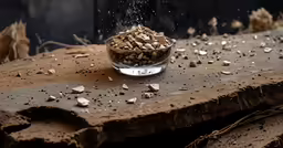 a bowl filled with some food sitting on a wooden table