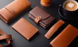 a coffee cup and a leather case with the phone laying open