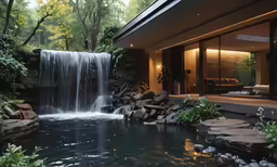 there is a waterfall next to the pool and patio