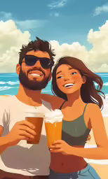 a man and woman smile at the camera while holding a beverage