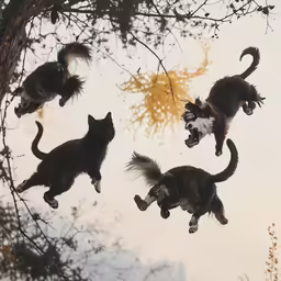 several black and white cats flying through the air