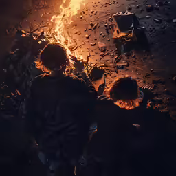 two people standing around a fire with rocks around