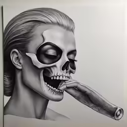 the model with makeup as a skull in her teeth