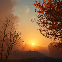 the sun sets behind the clouds as seen from the top of a hill