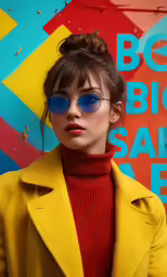 a woman wearing a yellow coat and blue sunglasses standing against a wall