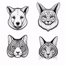four different heads of wild animals,the four faces of a wild animals on a white background