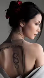 woman in gray dress with tattoos and flower